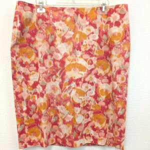 Talbots Pink/Orange Floral Watercolor Cotton Pencil Skirt sz 14 Office Artsy
